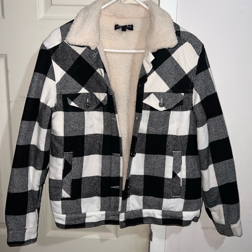 Black and White Jean Jacket with Bold Checkered Design